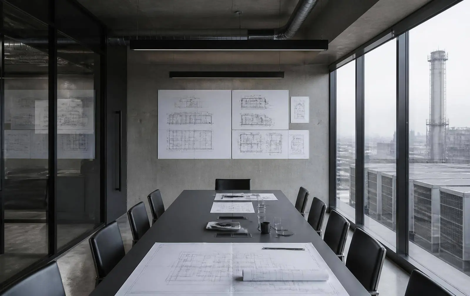 Modern engineering command center with infrastructure schematics